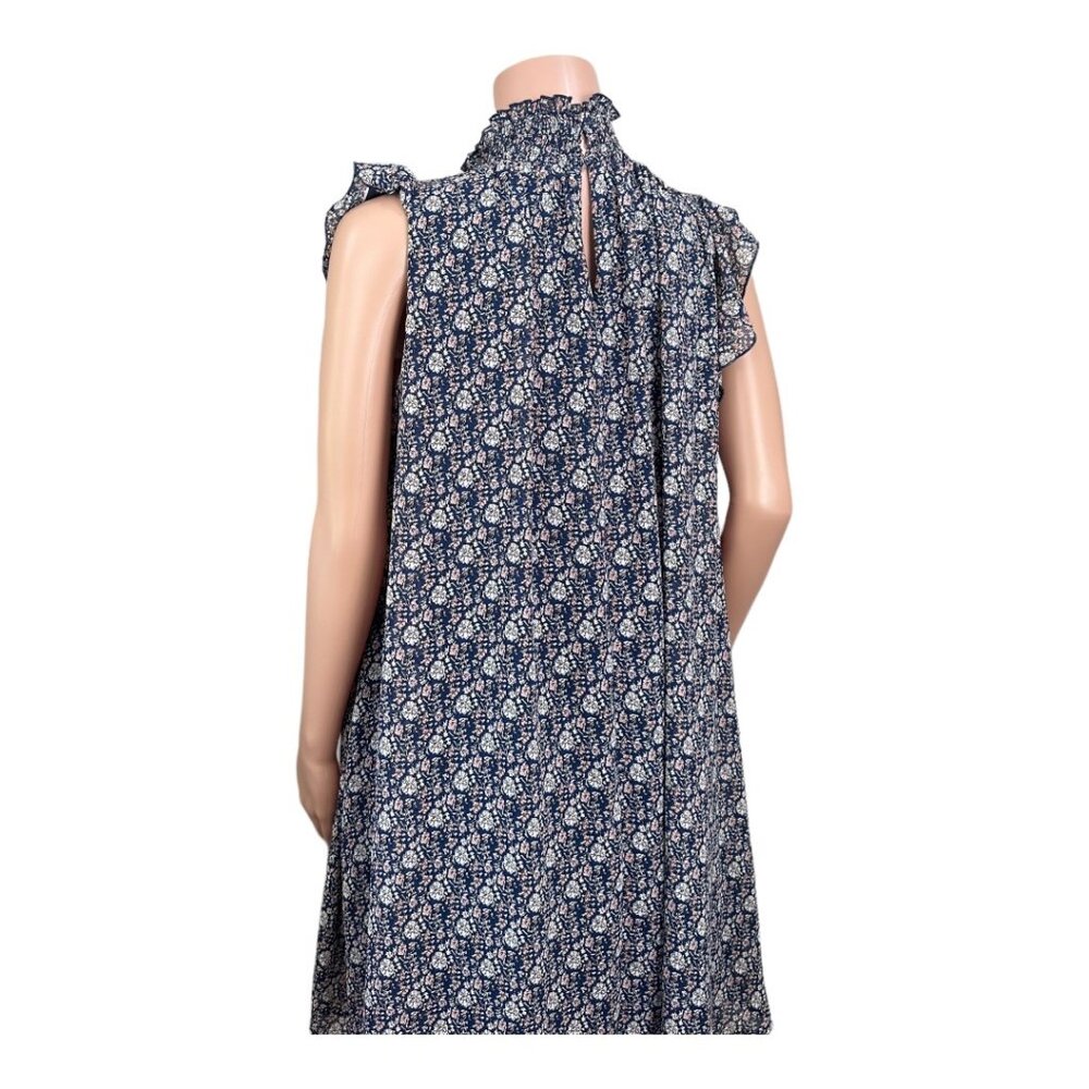 CODExMODE Women SZ M Navy Blue Floral A Line Knee Lenght Dress High Neck Chiffon - Picture 5 of 15